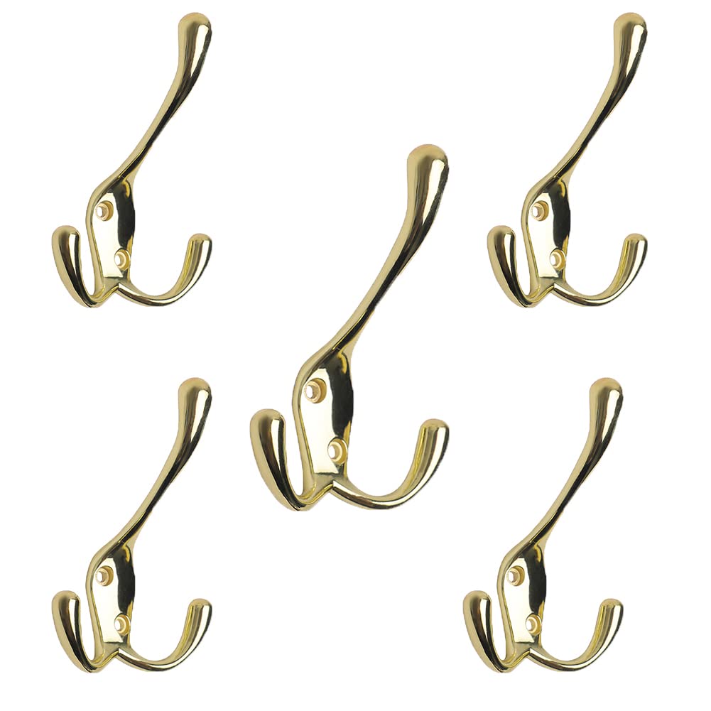 Brass Hook Light Duty Three-Hook, 5-Pack, Three Hooks for Coat, Scarf, Bag, Towel, Key, Cap, Cup, Hat Bright Gold