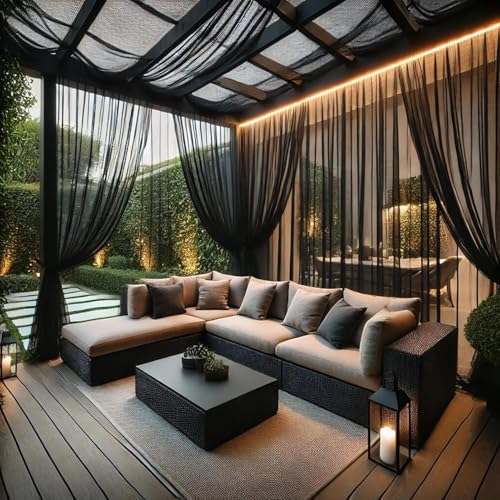 NEREIDS NET Extra Wide Outdoor Curtains Waterproof Black Voile Mesh Screen Lightweight Privacy Bu-g Netting for Patio Porch Balcony Pergola Terrace Black 157" W x 94" L (Pack of 1)