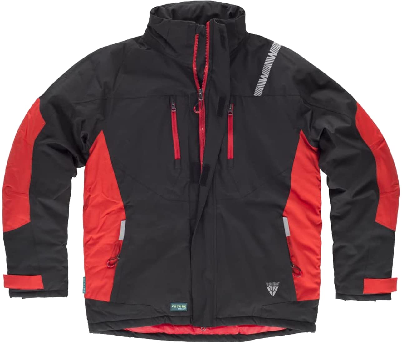 Teamwork WORKTEAM Parka con capucha combinada y detalles reflectantes, Acolchada. Ideal para trabajo, tiempo libre, etc. Unisex Negro+Rojo-L