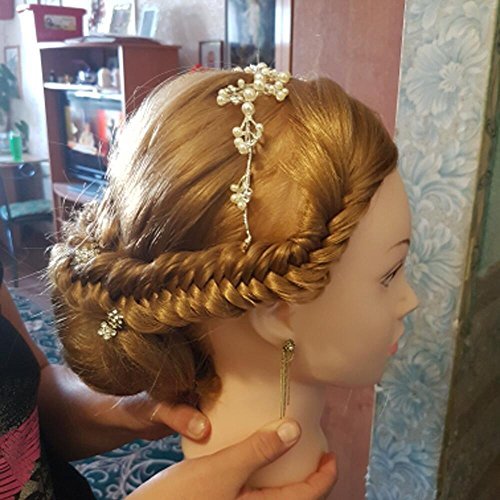 Cabezal de entrenamiento para peluquería, maniquí de entrenamiento con pelo sintético, cabeza de muñeca para practicar estilismos, con mordaza de mesa (69 cm)