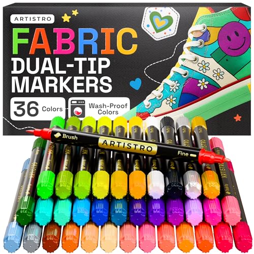 ARTISTRO 36 Dual-Tip Fabric Markers - Fabric Decorating Kit - Permanent for Clothes - Acrylic Paint Pens for Sneakers, Bags, Shoes, Textile, Canvas, Sewing, Craft, DIY - Brush and Fine Tip