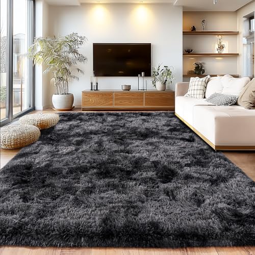 Isdook Shaggy Area Rugs, Fuzzy Rugs for Living Room, Soft Nursery Area Rug for Girls, Tie Dye Black Gray Plush Area Rugs Non Slip, Fluffy Rug Carpet 8x10ft
