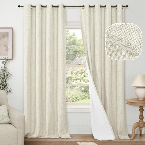 Lajode Blackout Curtains for Bedroom - Linen Black Out Curtains 84 Inch Long Thermal Insulated Burlap Grommet Window Drapes for Farmhouse Living Room Darkening, 2 Panels, Each 52
