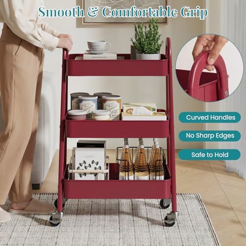Image of OLIXIS Metal 3 Tiers Utility Rolling Cart, Mobile Storage Shelf with Lockable Caster Wheels, Organization for Livingroom, Bathroom & Narrow Places, Red