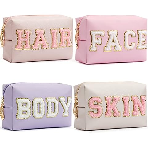 HBselect 4 Pcs Chenille Letter Patch Makeup Bags - Portable Waterproof Cosmetic Organizer for Women Cover