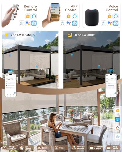 Image of Kincmo Motorized Outdoor Shades for Patio Porch, Custom Outdoor Motorized Blinds with Remote, Waterproof & Windproof Patio Shades Work with Apple Home,Alexa,Google (Beige-3% Openness)