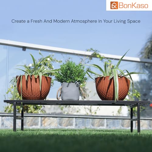 Image of BonKaso Heavy Duty Rectangle Plant Stand: 76x24x18 cm, Black - Set of 2, Modern Design for Indoor & Outdoor Use, Sturdy, Anti-Rust Planter Stand for Garden, Balcony, Patio