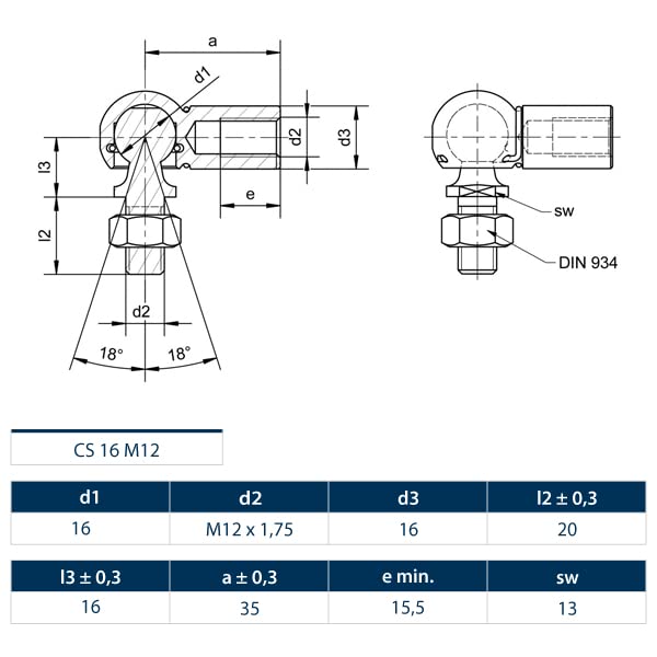 4 pz Giunto angolare sferico DIN 71802 CS16 M12 con perno filettato e staffa di sicurezza. Dado esagonale DIN 934 (sciolto incluso), acciaio zincato (CS 16 M12)
