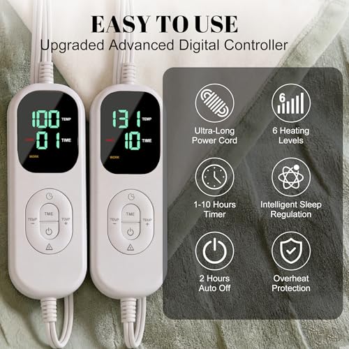 Image of IUUI Heated Blanket Electric King Dual Controller- 90x100 Inches Soft Flannel Heating Blanket,Fast Heating Blanket 6 Heating Levels & 2 Hours Auto Off ETL Certification(Sage Green, King 90 inch x 100 inch)