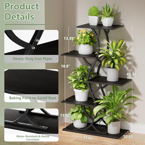 Image of Plant Stand Indoor with Grow Lights - 5 Tiered Corner Plant Shelves (Black) | 44 inch Tall Metal Plant Shelf, S-Shape Lighted Flower Holder Dispaly Rack for Living Room, Home, Patio, Balcony