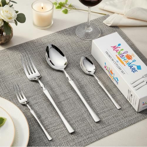 Image of 20 Pcs Silver Stainless Steel Cutlery Set for Dining Table | 5 Dinner Spoons, 5 Dinner Forks, 5 Dessert Spoons & 5 Fruit Forks (Perfect Spoon Fork Set for Kitchen)