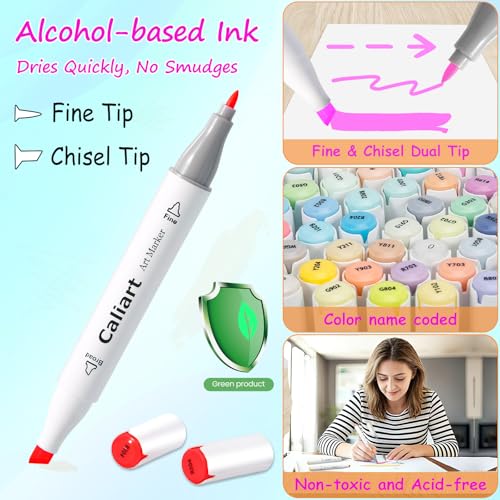 Image of Caliart Alcohol Markers 24 Colors Coloring Markers Fine & Chisel Dual Tip | Non-Toxic Permanent Pens for Adults Coloring Book Beginners Sketch Illustration Painting Drawing School Supplies Art Gifts