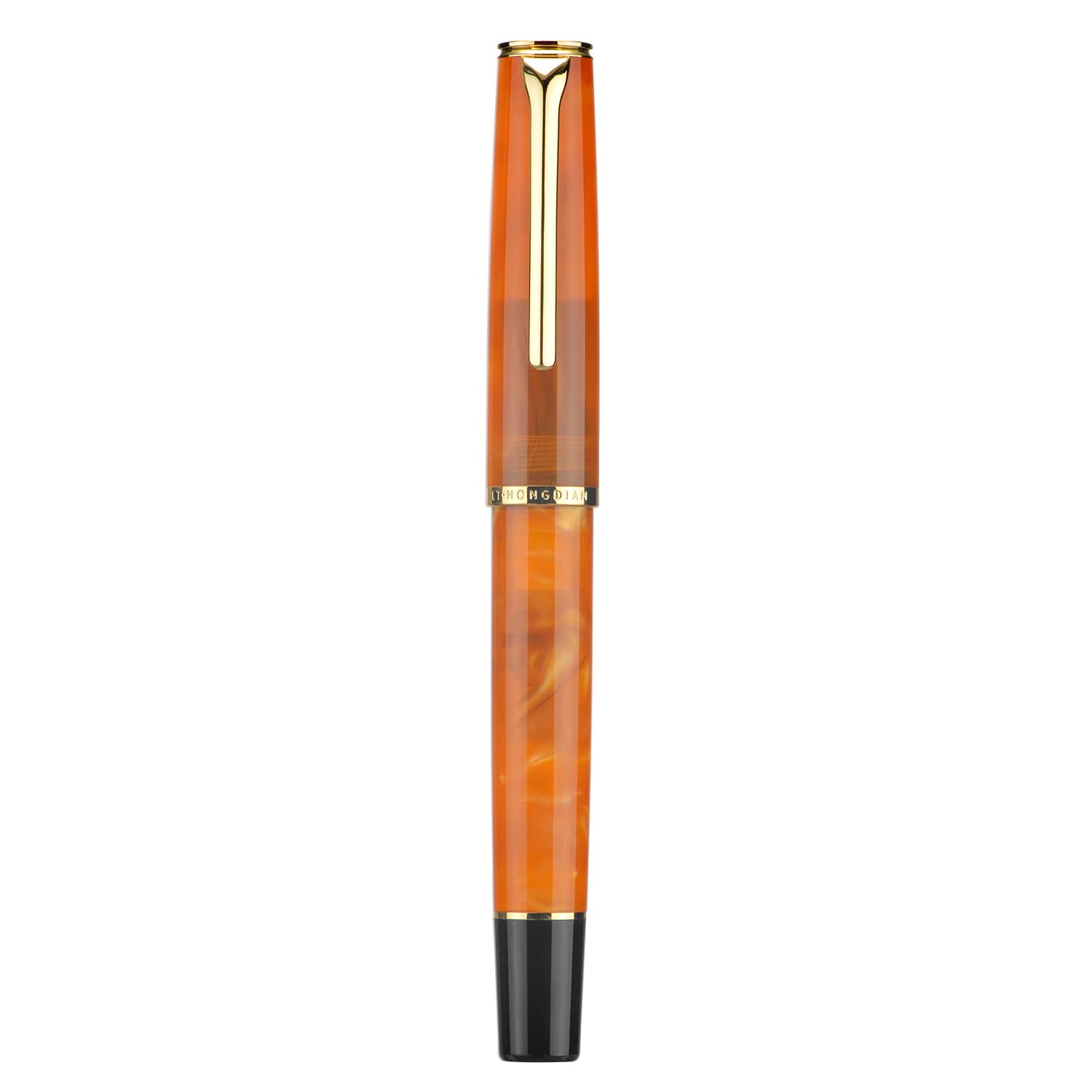 HONG DIAN Hongdian N12 Piston Fountain Pen, Extra Fine Soft Nib, Light Orange Acrylic & Classic Streamlined Design Metal Case