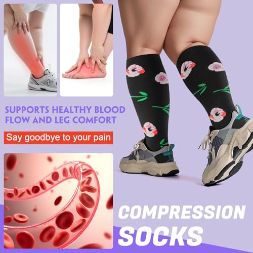 Image of 4 Pairs Plus Size Compression Socks,Extra Wide Calf 20-30 mmHg Knee High Compression Socks for Men Women Circulation