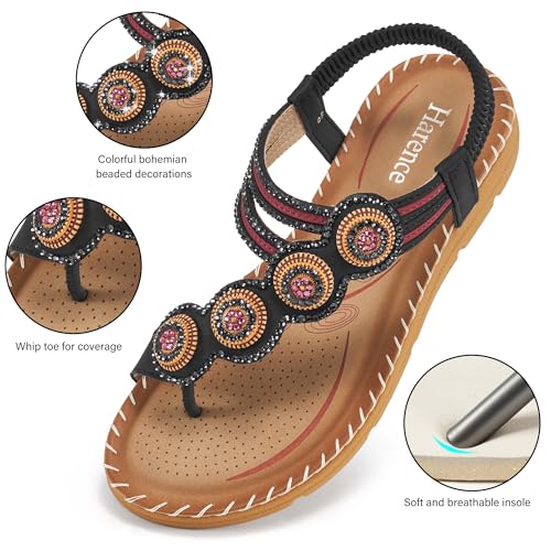 HARENCE Flat Sandals for Women Dressy: Comfortable Summer Flats Shoes Elastic Ankle Strap Bohemian Beaded Beach Sandal3