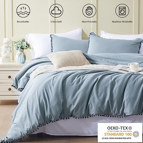 Newspin Duvet Cover Twin Size Pom Pom Fringe Blue,3Pcs Soft Breathable 100% Washed Microfiber Boho Bedding Duvet Cover Set With Zipper Closure,1 Duvet Cover(68"X90") And 1 Pillow Sham(No Comforter) #TOP1