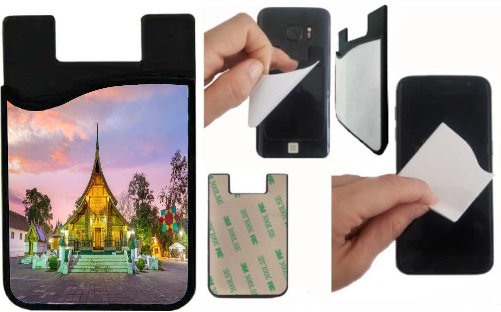 Island Gifting Neoprene Stick-on ID Card Holder for iPhone/Galaxy/Google Android Cases Featuring Image of Wat Xieng Thong in Laos, cell-sleeve-mas-539