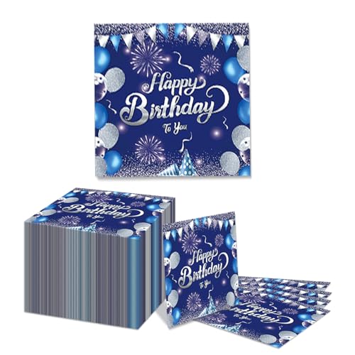 Shimmerz 100 pièces Serviettes Anniversaire Bleu Papierserviettes anniversaire, Bleu avec Argent pour Fête de filles et garçons, Serviettes carrées 16,5...
