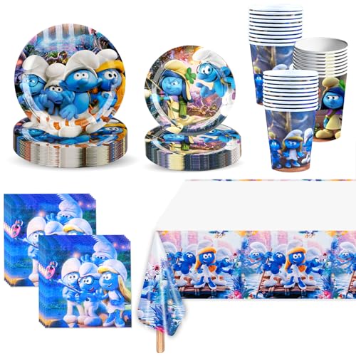 51 Pièces Ensemble Vaisselle Fête Kit Smurfs, Decoration Anniversaire Smurfs avec Assiette Nappe...