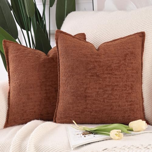 MADIZZ Pack of 2 Chenille Velvet Throw Pillow Covers 16x16 Inch Burnt Orange Soft Neutral Decorative Throw Pillows Accent Boho Cushion Covers for Couch Sofa Modern Farmhouse Home Decor