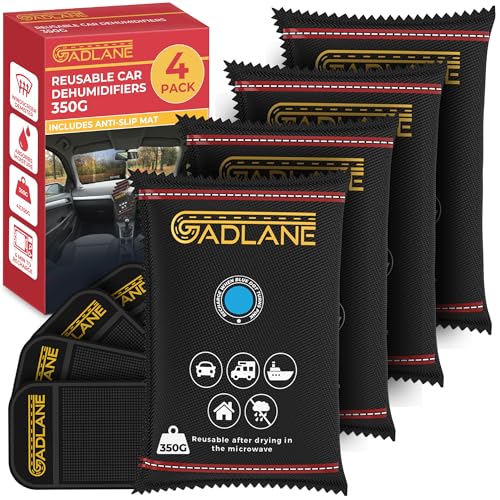 GADLANE Osuszacz samochodowy wielokrotnego użytku, 350 g, 4 sztuki, pochłaniacz wilgoci z deską rozdzielczą, antypoślizgowa mata, eliminuje zamgloną przednią szybę