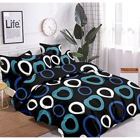 Duvet Cover 135 4-Piece Breathable Soft Touch 100% Microfibre Polyester, Duvet Cover 220 x 240 cm, Fitted Sheet 135 x 200 cm, 2 Pillowcases 19.7 x27.6 White and Blue Circle Cover