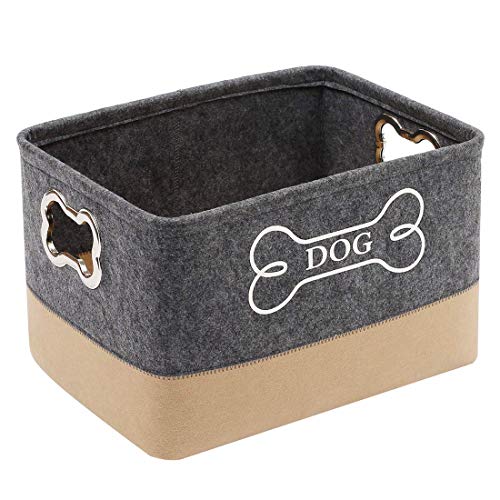 ECOSCO Felt Pet Dog Cat Toy Storage, Collapsible Convenient Organizer Basket, Space-Saving Box for Organizing pet Toys Blankets leashes and Food (15x11x10in, Gary+Brown)