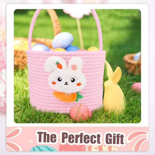 Image of DIYASY Easter Basket for Kids, Woven Bunny Eggs Basket with Handle Gifts Tote Bag Candies Buckets for Boys Girls Toddler Baby Party Decorations Pink