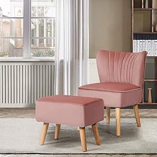 Multigot Velvet Accent Chair, Single Upholstered Chair with Footstool, Armless Occasional Leisure Sofa Chair for Living Room, Bedroom and Office (Pink, with Footstool)
