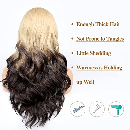 FAELBATY Long Ombre Blonde to Brown Curly Wig with Bangs - Natural Curly Wigs for Women & Girls - 21" RW4/86# - Image 2