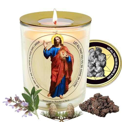Sacred Heart Jesus Frankincense Sage Scented Candle 50 Hours with Warmer Ring│Hand-Poured Soy Wax│Family Protection, Success, Redemption, Healing, Forgiveness│Design in Paris│3“×3.6”