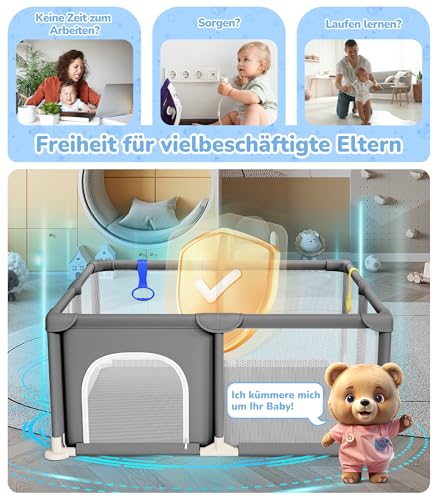 Dripex Laufstall Baby 124x124cm, Laufgitter Baby, Laufstall mit atmungsaktivem Netz, Laufgitter 210D Oxford Gewebe, Playpen, kinderlaufstall, Dunkelgrau