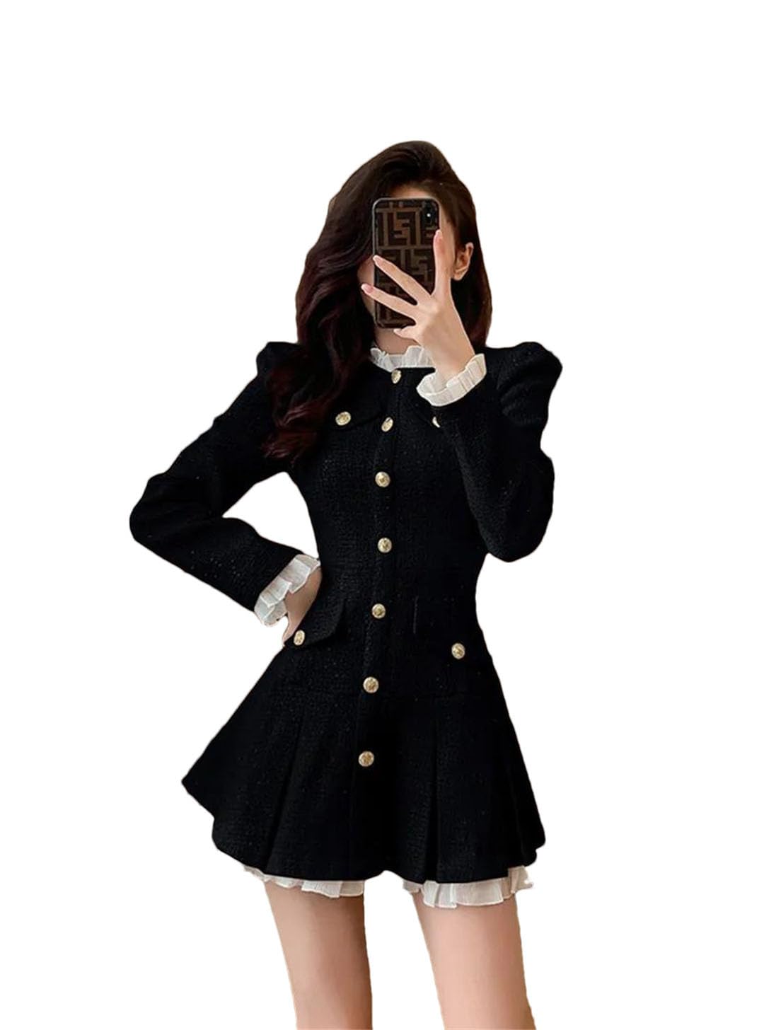 Women Tweed Short Blazer Dress Winter Single-Breasted Collision Color Splicing Pleated Mini Dress