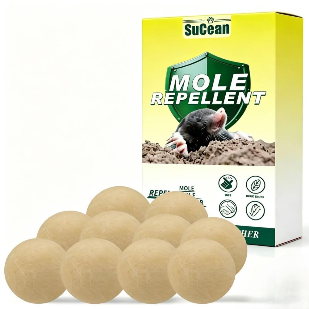 SuCean Mole Repellent Balls UK, 10P Upgraded Safe Mole Deterrent, Natural Plant-Derived Mole Repeller for Outdoors, Weather-Resistant & Easy to Use, Prevents Lawn & Garden Damage