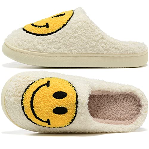 Image of Retro Fuzzy Face Slippers for Women Men, Retro Soft Fluffy Warm Home Non-Slip Couple Style Casual Smile Face Slippers Indoor Outdoor Anti-Skid Warm Cozy Foam Slide Fuzzy Slides with Soft Memory Foam Shoes