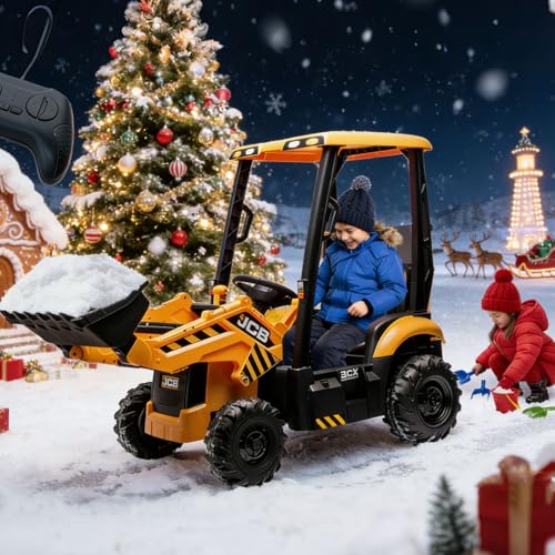 Image of 12V Ride on Excavator with Trailer & Front Loader Outdoor Gift for Boys Girls with 4-in-1 Construction Attachments (Excavator, Dump Truck Bulldozer), Tractor Remote Control Yellow