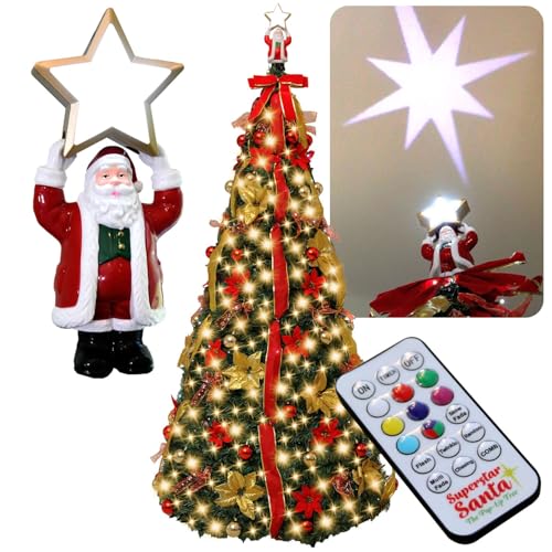 Superstar Santa Pop-Up Signature Series Christmas Tree, 7FT, Pre-Lit w/300 LED Lights, AS SEEN ON TV, Santa Projects North Star, Opens Instantly, Fully Decorated, 7 Colors, 32 Modes w/Remote