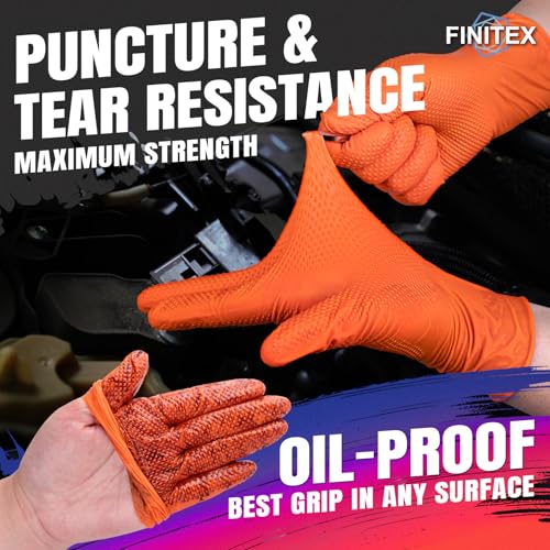 Image of FINITEX Disposable Nitrile Orange 6.3mil Mechanic Heavy Duty Gloves | Powder-free, Latex-free,Industrial-grade,Orange,3D Diamond Texture, Comfortable fit,Heavy Duty,Mechanic,House Home Cleaning