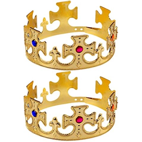 TOYANDONA 2 Pcs Gold Crown Plastic Royal King and Queen Jeweled Crown Fancy Dress Accessory Halloween Prop Birthday Party Favors Cover