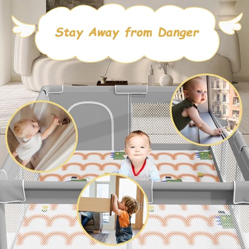 Image of Baby Playpen with Mat 74x50 inch, Playpen for Babies and Toddlers, Baby Play Pen Design with External Zipper Gate, Play Yard with Non-Slip Suction Cups on The Bottom