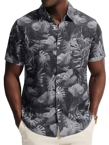 PJ PAUL JONES Mens Hawaiian Shirt Short Sleeve Button Down Shirts Beach Resort Casual Tropical Shirts with Pocket Palm Leaf Print