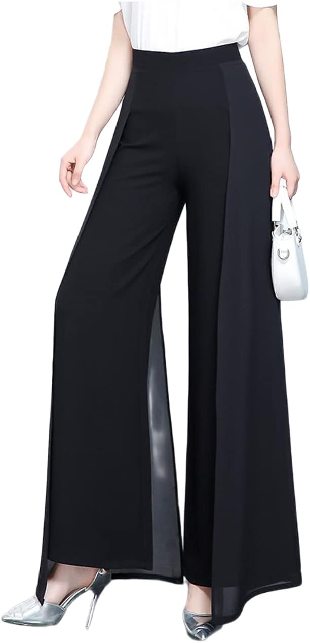 Double Plus Open Womens Chiffon High Waist Palazzo Dressy Pants Flare Elastic Waist Culottes Trousers Pant - Image 3