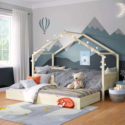 Bellabino Bela Kinderbett 90x200 cm – Hausbett ausziehbar mit Rausfallschutz & Lattenrost – Kinder Bett mit Gästebett für Jungen und Mädchen – Montessori Kinderhausbett aus Holz in Natur