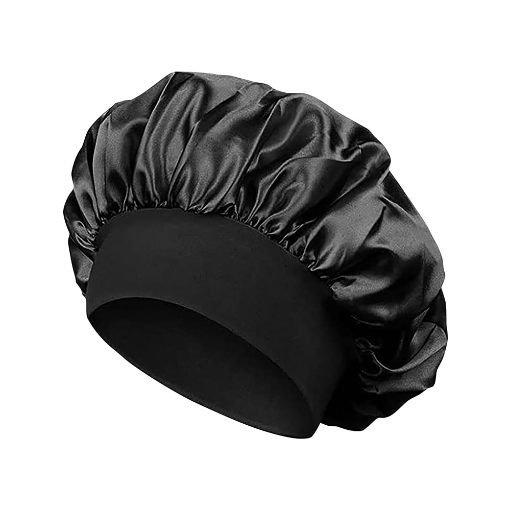 ccHuDE Satin Hair Bonnet Night Sleep Cap Black Hair Care Head Cover Wide Band Elastic Hat Hairs Protection Sleeping Hat Beauty Makeup Cap for Women