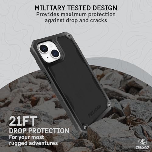 Image of Pelican Shield Brushed Aluminum iPhone 15 Case - MagSafe Phone Case - Black | Magnetic Phone Case with 21ft Military Grade Drop Protection - Phone Cover with Belt Clip Holster Kickstand for iPhone 15