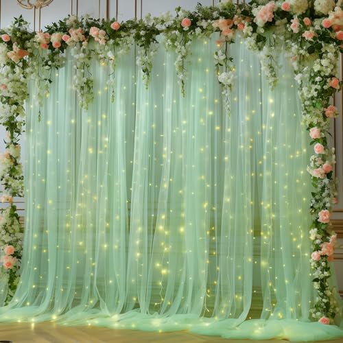 10x10ft Olive Green Tulle Backdrop Curtain with Lights String for Parites Sheer Photo Backdrop Curtains for Wedding Baby Shower Birthday Party St. Patricks Day Photo Shoot Background Decorations