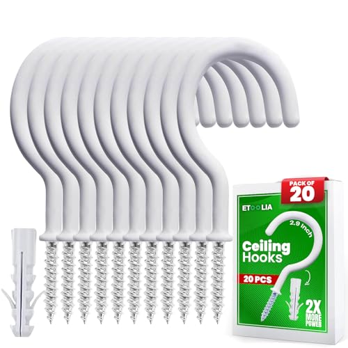 Etoolia 20 Pcs Ceiling Hooks for Hanging Plants - 2.9 inches Heavy Duty, Hanging Hooks for Christmas Lights, Cups, Decors - White Vinyl Coated Screw in Plant Hanger Hook Indoor and Outdoor