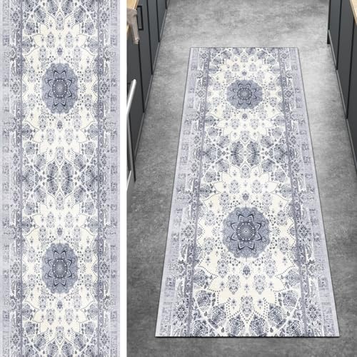 Alfombra de pasillo 80x330 cm vintage gris azul lavable 2