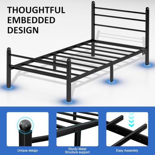 Image of J.Fkne Twin Bed Frames with LED Lights & Charging Station, Platform Bed with Headboard, Heavy Duty Metal Slats Support, No Box Spring Needed, Noise Free, Easy Assembly
