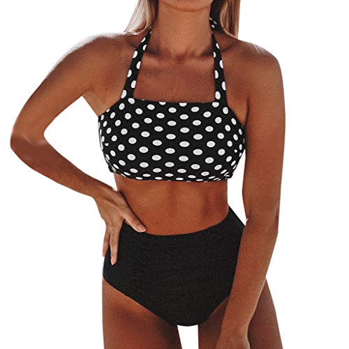 Preisvergleich Produktbild IHEHUA Bikini Damen Bandeau Bademode Polka-Punkt Beachwear Gepolsterter Bikinioberteil Verstellbarer Neckholder Swimsuit Einfarbig Hoher Taille Badeshorts Strandkleidung(A-Schwarz,42)